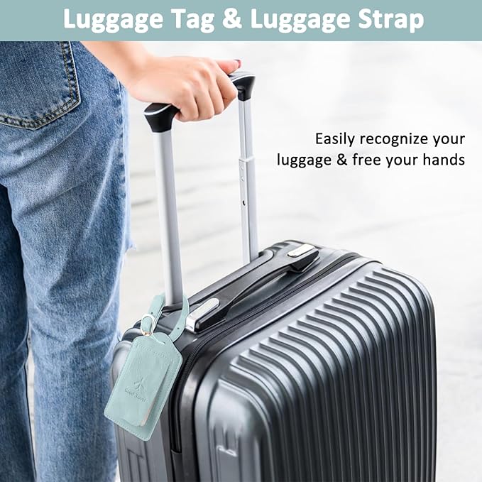 1 Pack Luggage Tag, PU Leather Suitcase Tags Identifiers Privacy Cover ID Label for Travel Bag Suitcase with 2 Pack Luggage Straps for Hats, Bags and Travel Accessories(L-Light Blue)