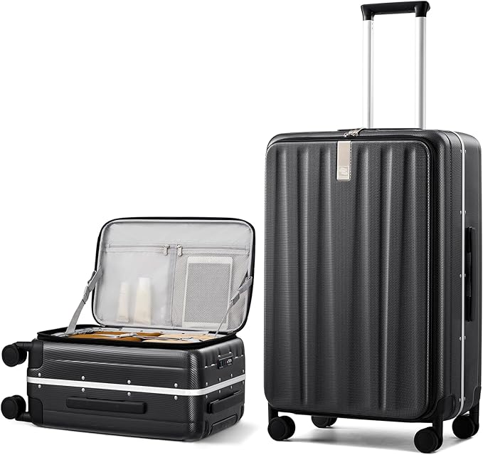 Hanke 26 Inch Large Checked Luggage PC Hard Shell Luggage Top Opening Travel Luggage Suitcases with Wheels for Woman Men.(Jet Black)