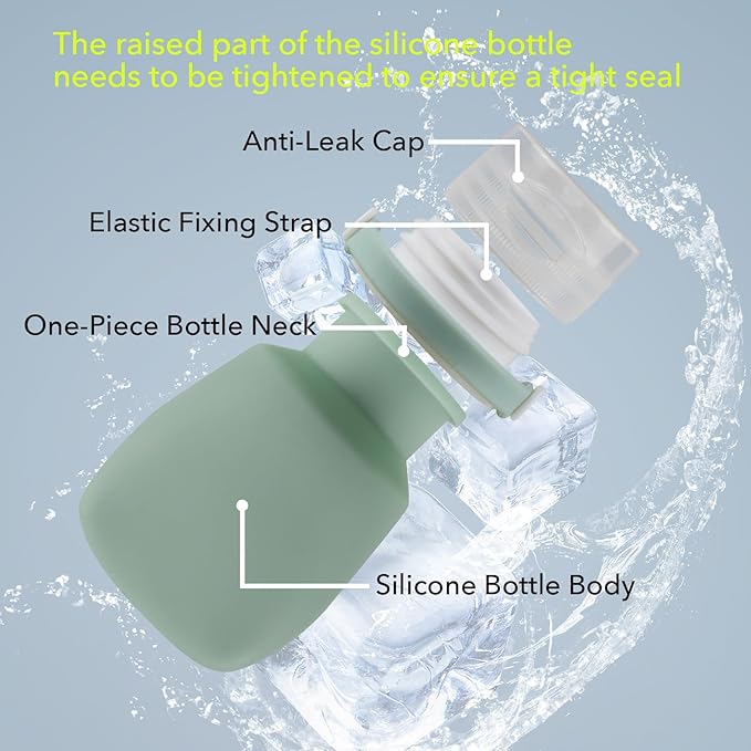 1oz Silicone Travel Bottles for Toiletries (4-Pack), TSA Approved Leakproof Toiletry Bottles with Locking Lid, Refillable Travel Size Containers for Shampoo, Body Wash, Camping & Trips (White,Green)
