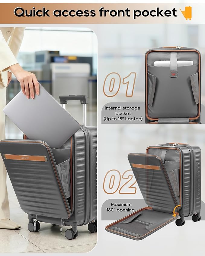 Joyway Carry on Luggage Airline Approved with Front Compartment and Cup Holder, 20 Inch Hard Shell Carry-on Suitcase with Spinner Wheels and TSA Lock for Women Men (Grey, 20 Inch)