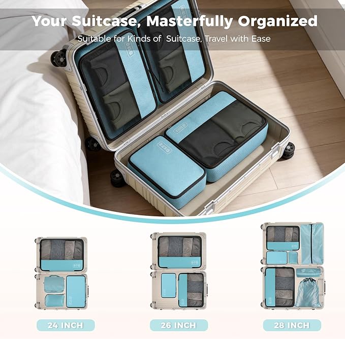 Compression Packing Cubes Set, Versatile 8pc Travel Essential Packing System- Lightweight Travel Organizers for Family & Business Travel, Space Save for Backpack, Duffel & Suitcase- Blue