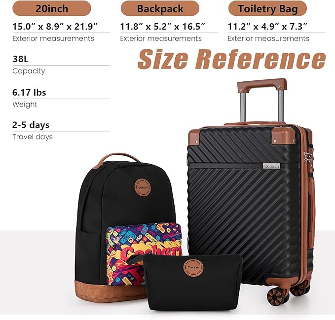 Carry On Luggage 22x14x9 Airline Approved, Hardside 20 Inch Carry on Suitcases with Wheels, Hard Shell ABS Lightweight Carry on Luggage Set, Travel Suitcase Set with TSA Lock, Black
