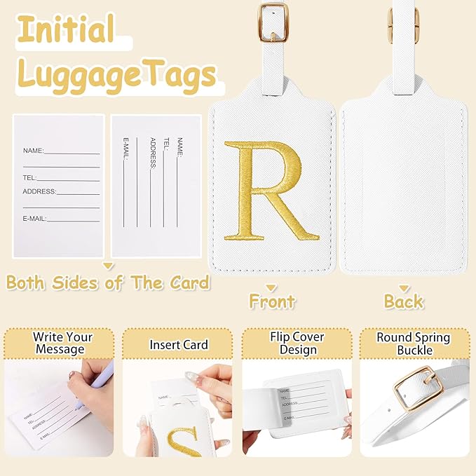 Personalized Initial Luggage Tags for Suitcases, Cute PU Leather Embroidered Letter Travel Luggage Tags, Suitcase Identifier Name Baggage Tag, Bag Tags for Men Women Kids Luggage Handbags(White R)