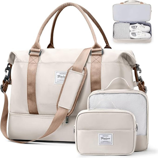 Weekender Bags for Women, Travel Duffel Bags with Shoe Compartment & Wet Pocket,Travel Bag for Airlines,Carry on Overnight Tote Bag for women with Toiletry Bag,3Pcs Set，Beige & Brown