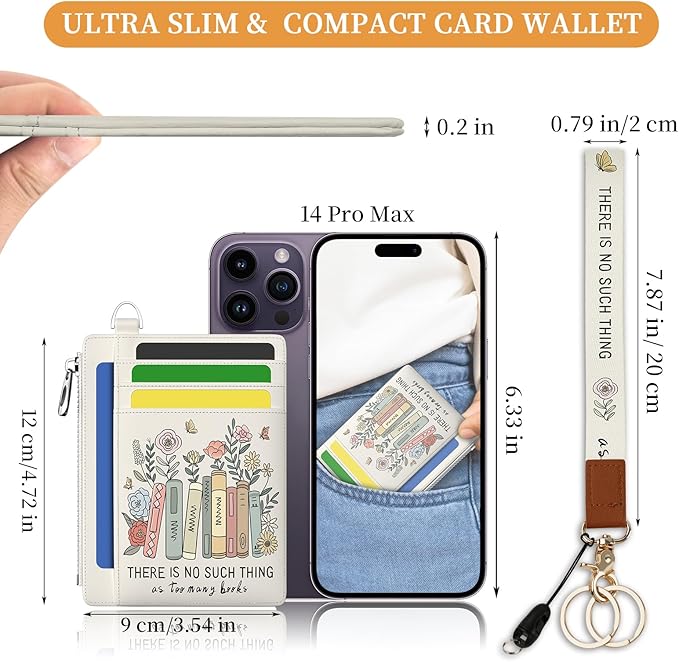 Hancynir Book Floral Flower Slim Wallet Women Credit Card Holder, RFID Blocking Front Pocket Wallet Wristlet Keychain Lanyard, Small Cute Mini Card Case, Thin Coin Zipper PU Leather Organizer Gifts