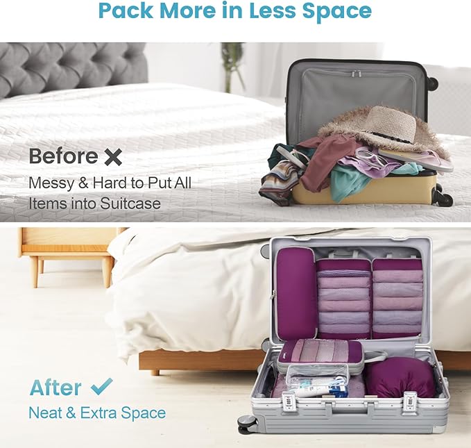 Cambond Compression Packing Cubes - 7 Piece See Through Mesh Packing Cubes for Travel with Underwear Laundry Makeup Bag, Expandable Travel Packing Suitcase Organizers for Family Vacation, Purple