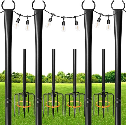 4 Pack String Light Poles for Outdoor,Metal Light Hanging Pole Outside with Fork,Light Stand for Patio, Pergola, Garden, Backyard, Yard, Camping Party (4 Pack)