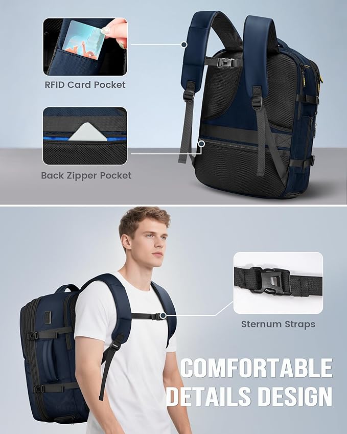 MATEIN Personal Item Backpack 18x14x8, Expandable TSA Approved Underseat Travel Backpack Fit 17.3 inch Laptop, Large Carry on Bag Luggage with Shoe Compartment Removable for Frontier Airlines, Blue