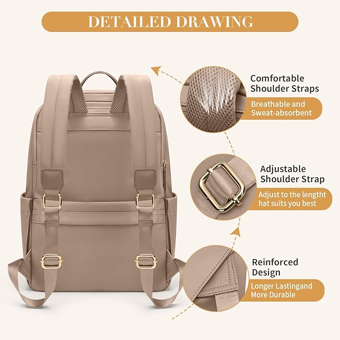 GOLF SUPAGS Women Laptop Backpack Casual Daypack for Work Travel College Backpack Purse Fits 14 Inch Notebook (Champagne)
