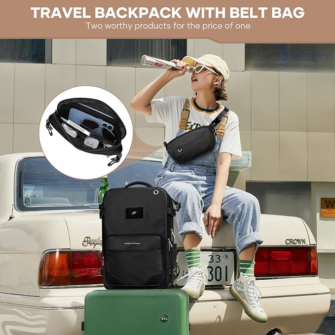 Maelstrom Travel Backpack for Men Women, 35L Carry on Backpack for Traveling on Airplane,with Belt Bag&Shoe Compartment,Waterproof Laptop Backpack fit 17”Laptop-Pure Black,Large