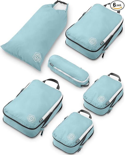 Compression Packing Cubes 6 Piece Set for Carryon Suitcases- Lightweight, Durable Clothes Organizer (Dusty Teal and White)