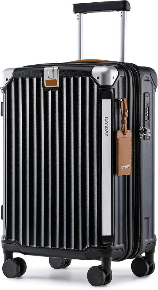 Joyway Carry On Luggage, Expandable Suitcase with Smart Cup Holder and USB Port, 20 IN Hardside Checked with TSA Lock Spinner Double Wheels, Black