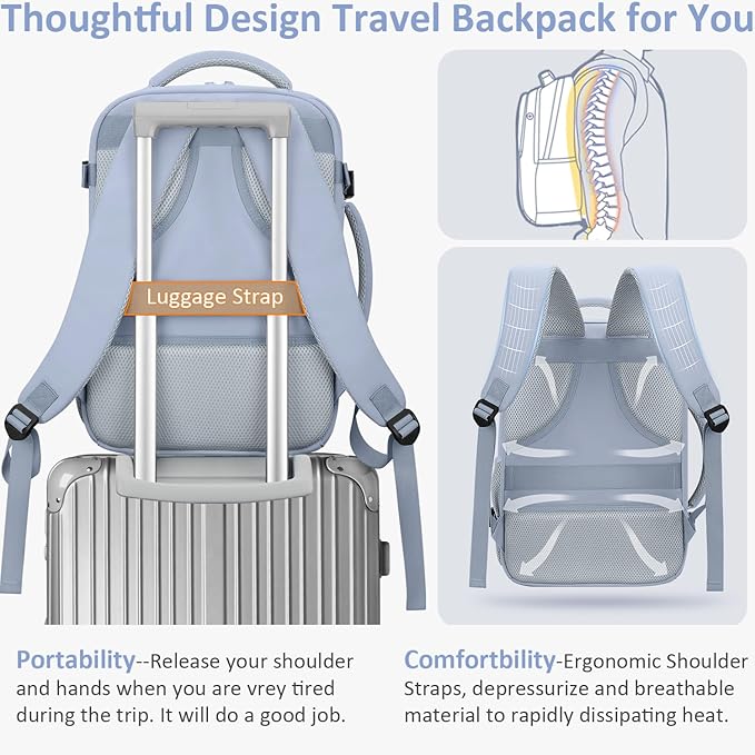 Carry on Backpack for Women TSA Approved 15.6 Inch Travel Laptop Backpack for Women Travel Essentials Foldable Womens Travel Backpack Suitcase Blue