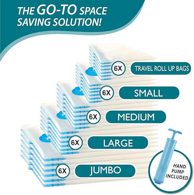 Cozy Essential Vacuum Storage Bags, 80% Compression Vacuum Seal Space Saver Plastic Packaging Bags for Clothes, Blankets, Pillow, Bedding, Comforters, Sealer Clothing Storage,30 Combo