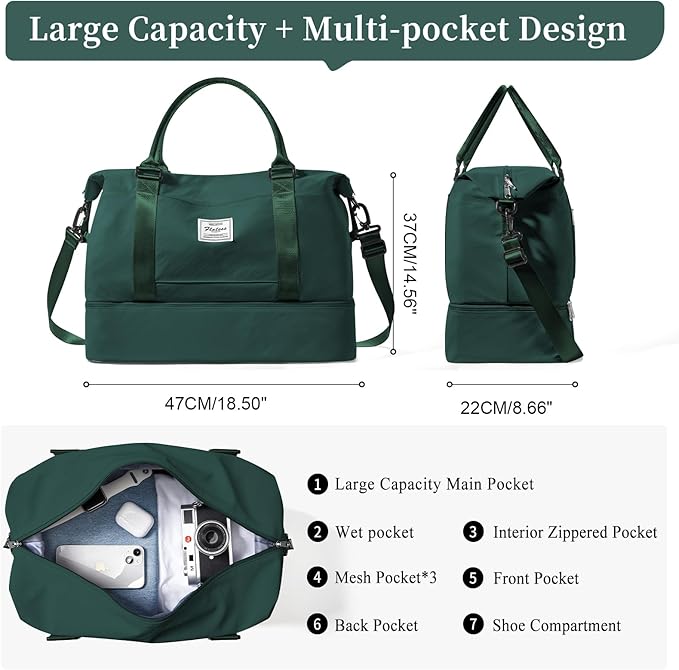 Weekender Bags for Women,Personal Item Travel Bag with Shoes Compartment,Overnight Travel Duffel Bag with Quilted Toiletry Bag,DarkGreen