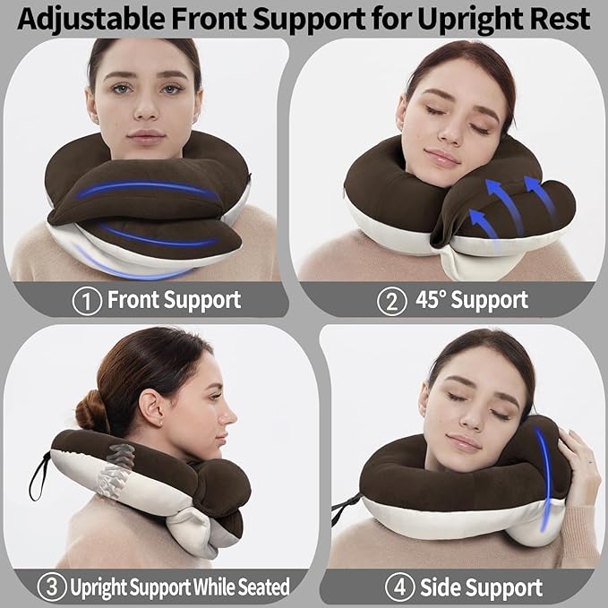 BUYUE Travel Neck Pillows for Airplanes, 360° Head Support Sleep for Long Flight, Skin-Friendly & Breathable, Kit with 3D Contoured Eye Mask, Earplugs and Storage Bag (Adult, Brown, 90+ lbs)