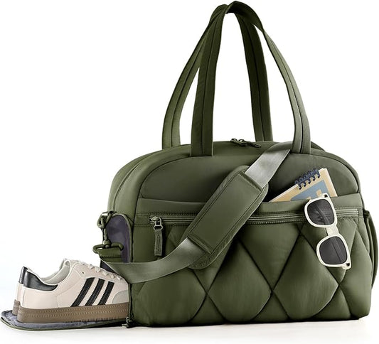 Gym Bag for Women, Puffer Travel Duffle Bag With Shoes Compartment & Wet Pocket, Carry On Tote Bag For Weekender, Overnight, Sport (Green, Large)