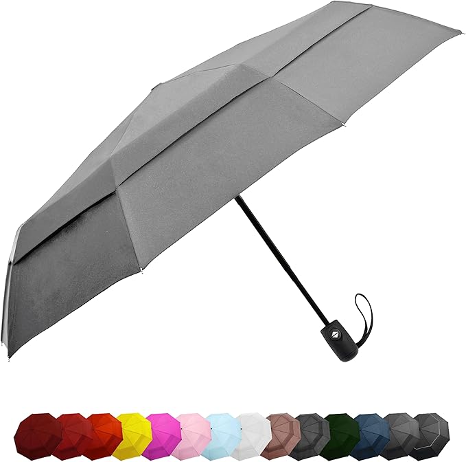 Windproof Compact Umbrella for Rain - 42” Travel Umbrella, Portable, Strong, Collapsible to 11”, Automatic Open Close Button, Vented Double Canopy with Fiberglass/Steel Frame, Wind Resistance to 55MPH