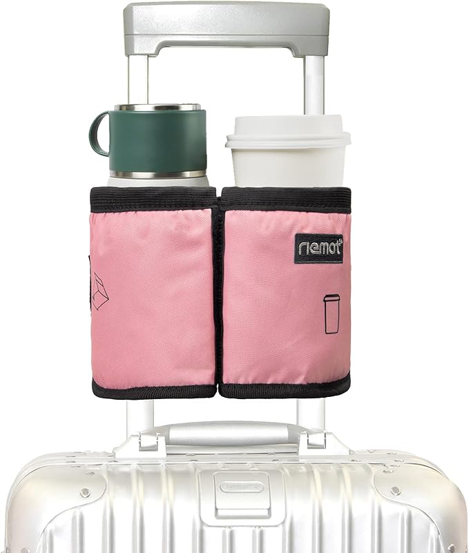 riemot Luggage Travel Cup Holder Free Hand Drink Caddy - Hold Two Coffee Mugs - Fits Roll on Most Suitcase Handles - Gifts for Flight Attendants &Frequent Travelers Accessories Pink
