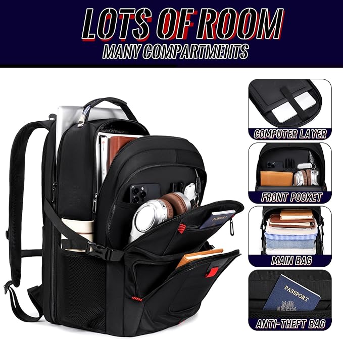 Large Travel Laptop Backpack for Men with LifetimeWarranty, Extra Large TSA Friendly Travel Backpacks for College High Airline Approved Business Work Bag Fits 17 Inch Computer, Black