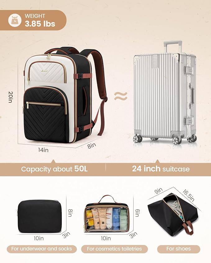 LOVEVOOK Travel Backpack Carry on Flight Approved 50L,Waterproof TSA Travel Essentials Personal Item Backpack for Women Men,Large Carry on Luggage Suitcase Travel Bag for Airplane with 3 Packing Cubes