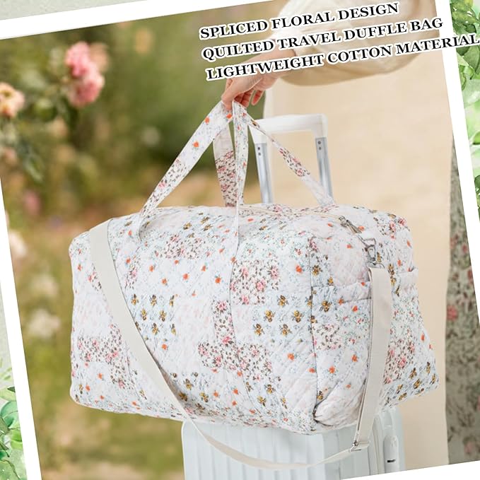 Large Quilted Travel Duffle Bag for Women Floral Portable Gym Weekender Bag with Zipper Pockets Workout Grocery Pouch Duffle Gift Pouch for Work(Light Colored Spliced Floral)
