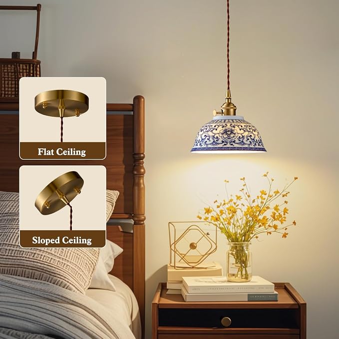 Ceramic Pendant Light, Chinese Blue and White Porcelain Pendant Light fixtures, Bedside Light, Hanging lamp for Kitchen Island Light Fixture, Home Bedroom Dining Room Ceiling Hanging Light 9in