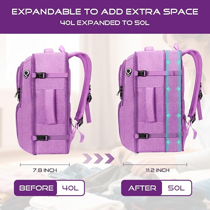 Travel Backpack for Women, Expanable Carry on Backpack, TSA 17.3 inch Laptop Bag Flight Approved, Lightweight Waterproof Business Luggage Bag, Travel Gifts for Women, Purple