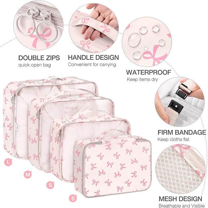 8 Set Packing Cubes for Suitcases,Suitcase Organizer with Shoe,Cosmetics,Clothing, and Accessories Bags for Travel Luggage Organizer Women Men(Pink Bows)
