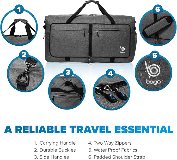 Bago Extra Large Duffle Bag for Travel Women & Men. Durable, Lightweight, Foldable Travel Duffel Bags For Traveling Women. 120L Duffle Bags Use As a Weekender Bag with Shoe Compartment, Checked Duffel