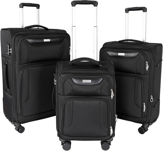 3-Piece Softside Expandable Luggage Set with Front Open Pocket, Lightweight and Durable Oxford Fabric Suitcase Set with TSA Lock (Black, 20in/24in/28in)