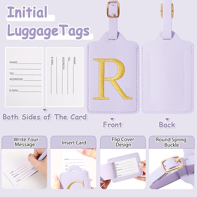 Personalized Initial Luggage Tags for Suitcases, Cute PU Leather Embroidered Letter Travel Luggage Tags, Suitcase Identifier Name Baggage Tag, Bag Tags for Men Women Kids Luggage Handbags(Purple R)
