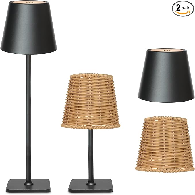 Mr. White Outdoor Waterproof Cordless Set of 2 Rechargeable Portable Top Touch Battery Operated Powered LED Table Lamp Desk Lamp Lights for Restaurant Kitchen Patio Dinner Dining (Black 2 Pack)