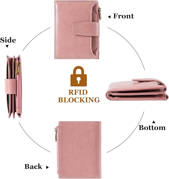 Airkit Small Wallet Women RFID Blocking Soft Leather Bifold Compact Card Holder Wallet for Women with Zipper Coin Pocket 4 ID Window