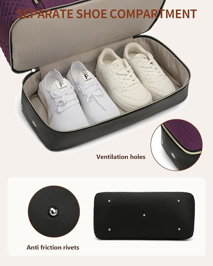 Duffle Bag for Women Travel, Weekender Bag Overnight Bag with Shoe Compartment, Carry on Bag with Crossbody Purse for Over Night, Weekend, Yoga, Gym, Business Trips, Hospital, Purple Black