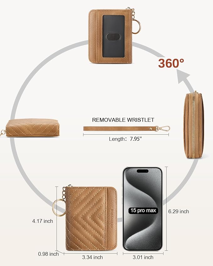 BOSTANTEN Credit Card Holder Wallet RFID Blocking Leather Small Wallet for Women Zipper Keychain Wallet with Wristlet Camel