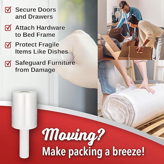 12 Pack Industrial Strength Mini Hand Stretch Wrap 5" 1000 Ft Roll 80 Gauge Thick, Shrink Wrap Roll for Moving Supplies, Furniture, Pallets, Plastic Wrap for Packing, Heavy Duty Stretch Film