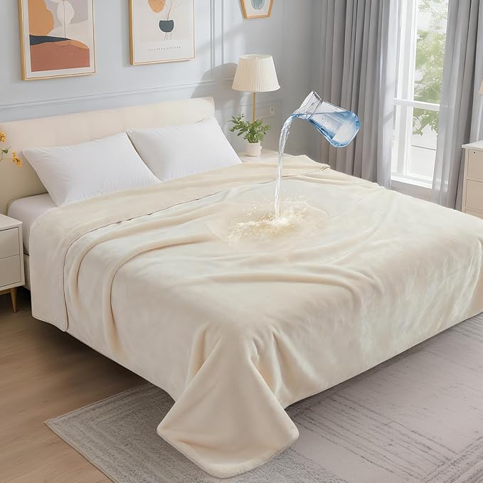 LOOBANI Waterproof Blanket for Bed: Reversible Soft Flannel Twin Bed Blanket 60" x 80", Leakproof Throw Spill-Proof Dog Pet Blanket for Couch, Sofa Protect, Movie Time, Camping, Travel, Beige