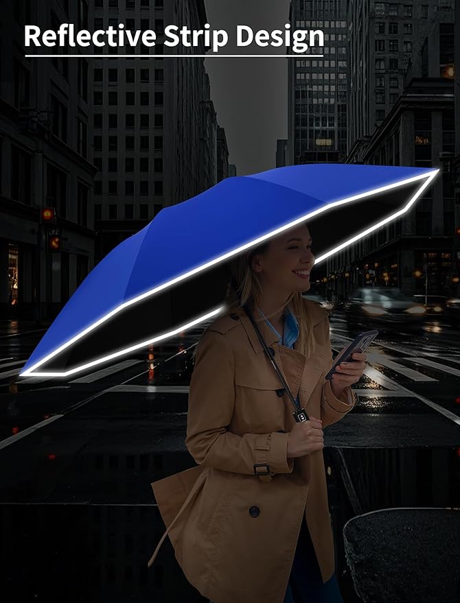 Seniny Inverted Travel Umbrella Compact - Windproof Umbrellas for Rain with Reflective Strip, Large UV Umbrella for Sun Protection, Automatic Portable Umbrellas Fold in Reverse for Car, Backpack