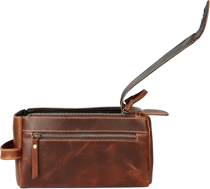 KomalC Premium Buffalo Leather Toiletry Bag for Men & Women With Water resistant Lining, Grooming Travel Pouch, Unisex Wash Bag for Toiletries, Gifts for Men and Women
