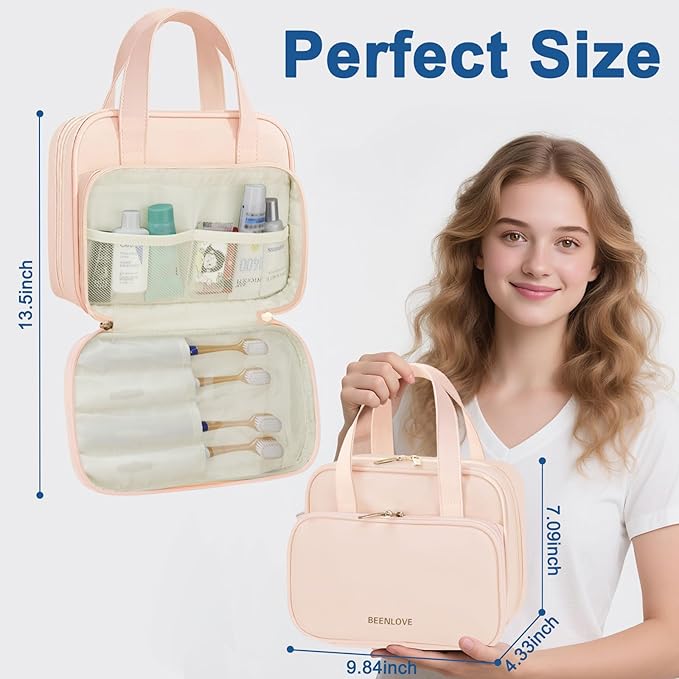 Travel Toiletry Bag, Water-resistant PU Leather Makeup Bag with Multiple Compartments, Large Capacity Makeup Organizer Bag with Handle for Accessories, Essentials, Toiletries, Pink
