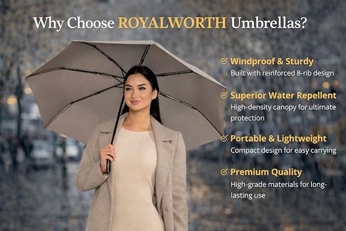 Windproof Travel Umbrella - Compact, Light, Full Automatic Open/Close - Folding Backpack Umbrella for Rain & Sun UV Preotection For Men & Women, Unbreakable 8 Fiberglass Ribs UK Design
