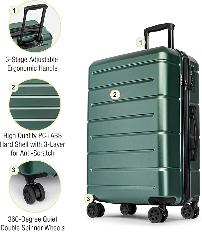 KYME Luggage Sets 3 Piece Hardshell 20"/24"/28" Suitcase with Wheels Hardside Suitcase Set with TSA Lock Large Travel Luggage Set for Men Women Green