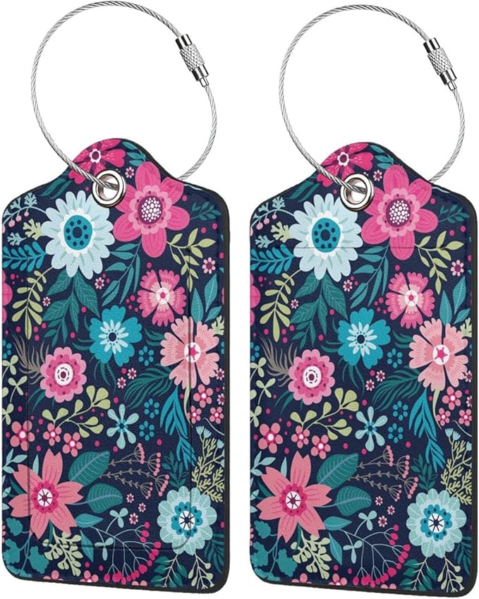 2 Pack Flower Pink Floral Luggage Tags Travel PU Cute Leather Luggage Tag Name ID Labels with Privacy Cover Suitcases Women Men Girls Boys Fun Laggage Tags (Beautiful Flower)