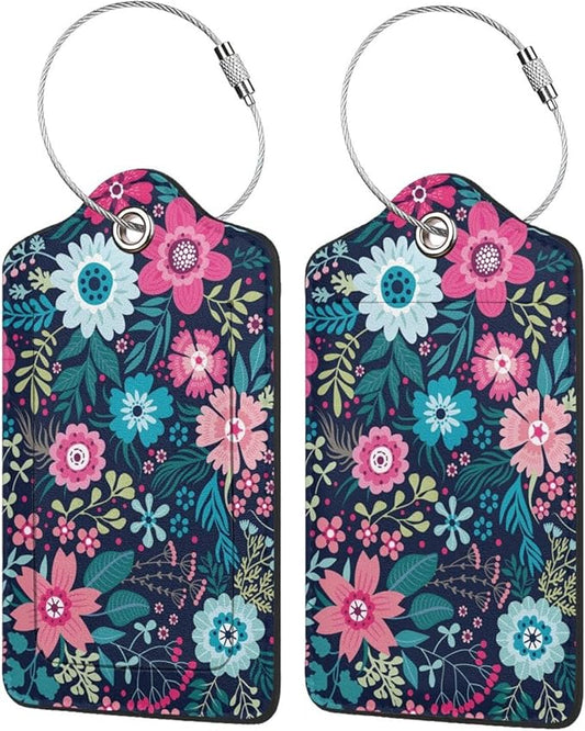 2 Pack Flower Pink Floral Luggage Tags Travel PU Cute Leather Luggage Tag Name ID Labels with Privacy Cover Suitcases Women Men Girls Boys Fun Laggage Tags (Beautiful Flower)