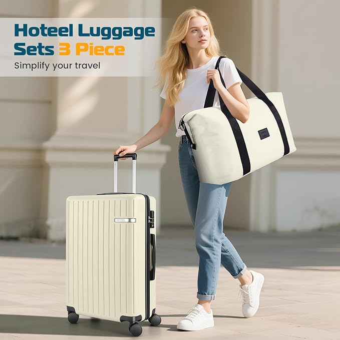 Hoteel Luggage Sets 3 Piece, 4-Yr Warranty, PC+ABS Suitcases with Wheels and Side Hook, Hardshell 20 inch Luggage with Duffel Bag Travel Bag, Beige(20/DB/TB)