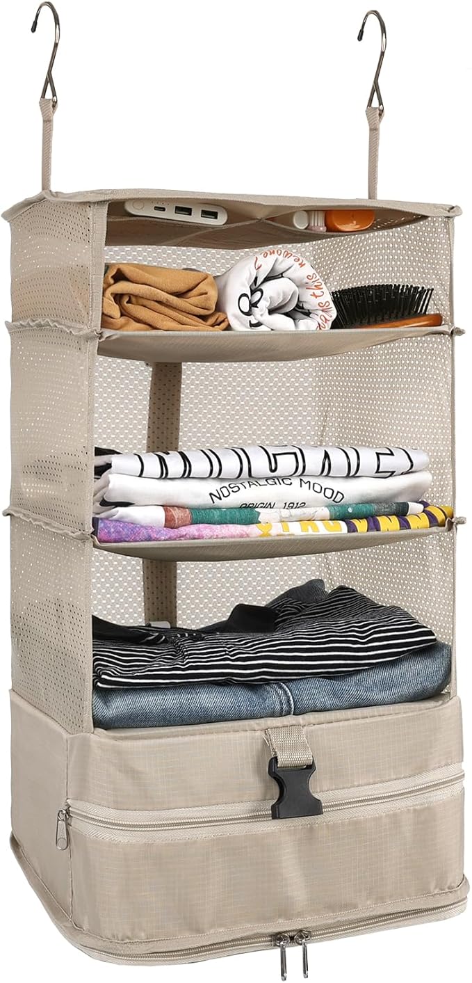 Surblue Hanging Closet Storage Bag Collapsible 3-Shelf Washable Oxford Fabric with 2 Hooks (L 11.41 * 11.41 * 19.68in, Beige)