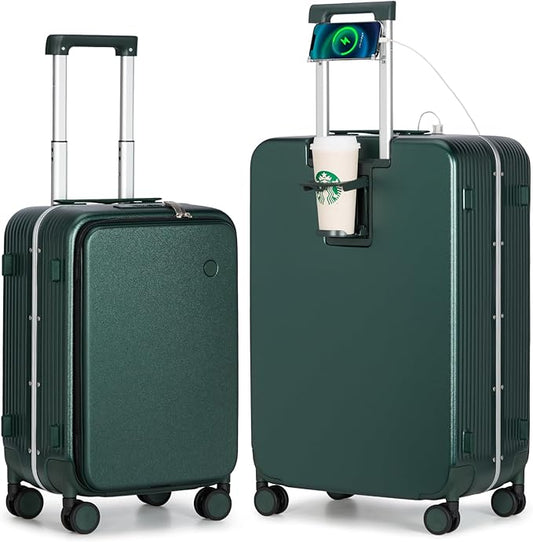 mixi 2-Piece Luggage Sets with Cup Phone Holder and Charger Hard Shell Suitcases with Spinner Wheels, 20+26 Inch Blackish Green
