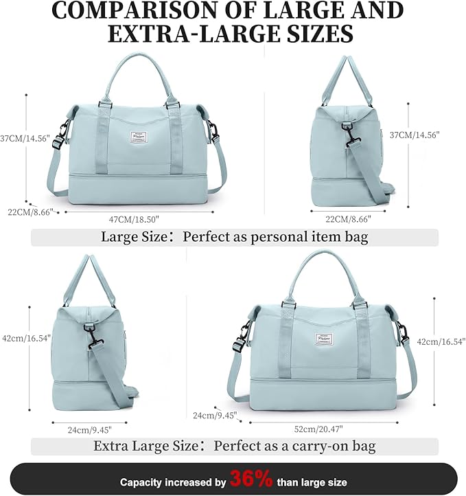 Weekender Bags for Women,Carry On Overnight Travel Duffel Bag with Shoes Compartment & Toiletry Bag,Extra Large,Light Blue