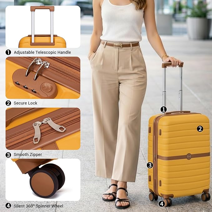Kono Expandable 28 Inch Luggage with Spinner Wheels, Large Checked Luggage with TSA Lock, Lightweight & Anti-Scratch PC+ABS Hardshell Travel Suitcase, Yellow/Brown